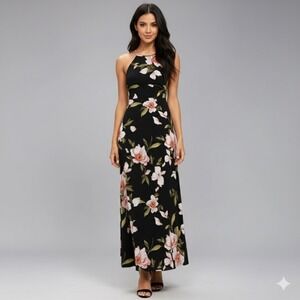 Lulus Adventure Seeker Floral‎ Print Maxi Dress Women Medium Black Pink Tropical
